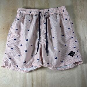 Spicy Tuna Mens Pink Striped Duck Print Swim Trunks Mesh Lined Medium